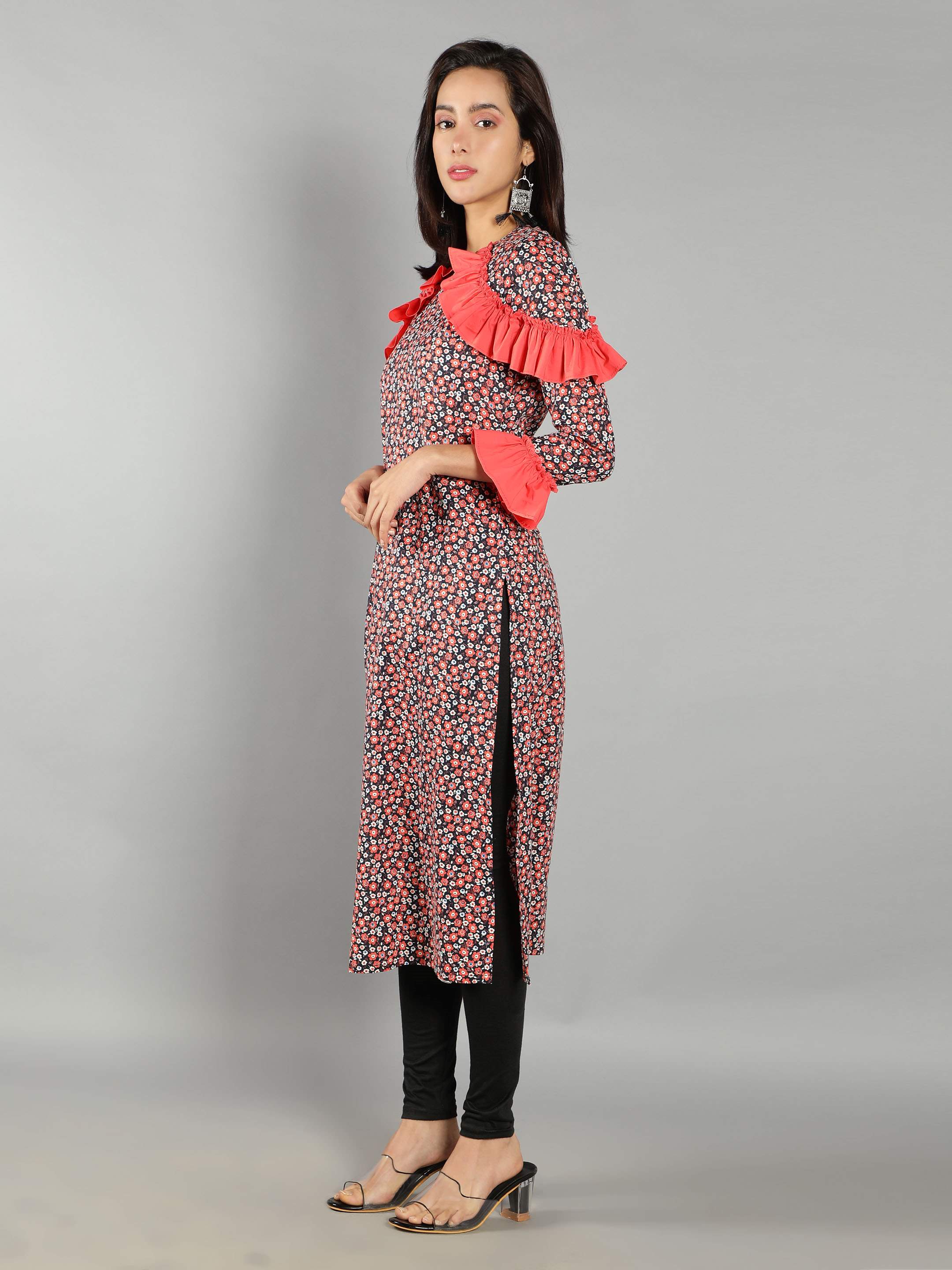 Women Red and Black Floral Print Kurti