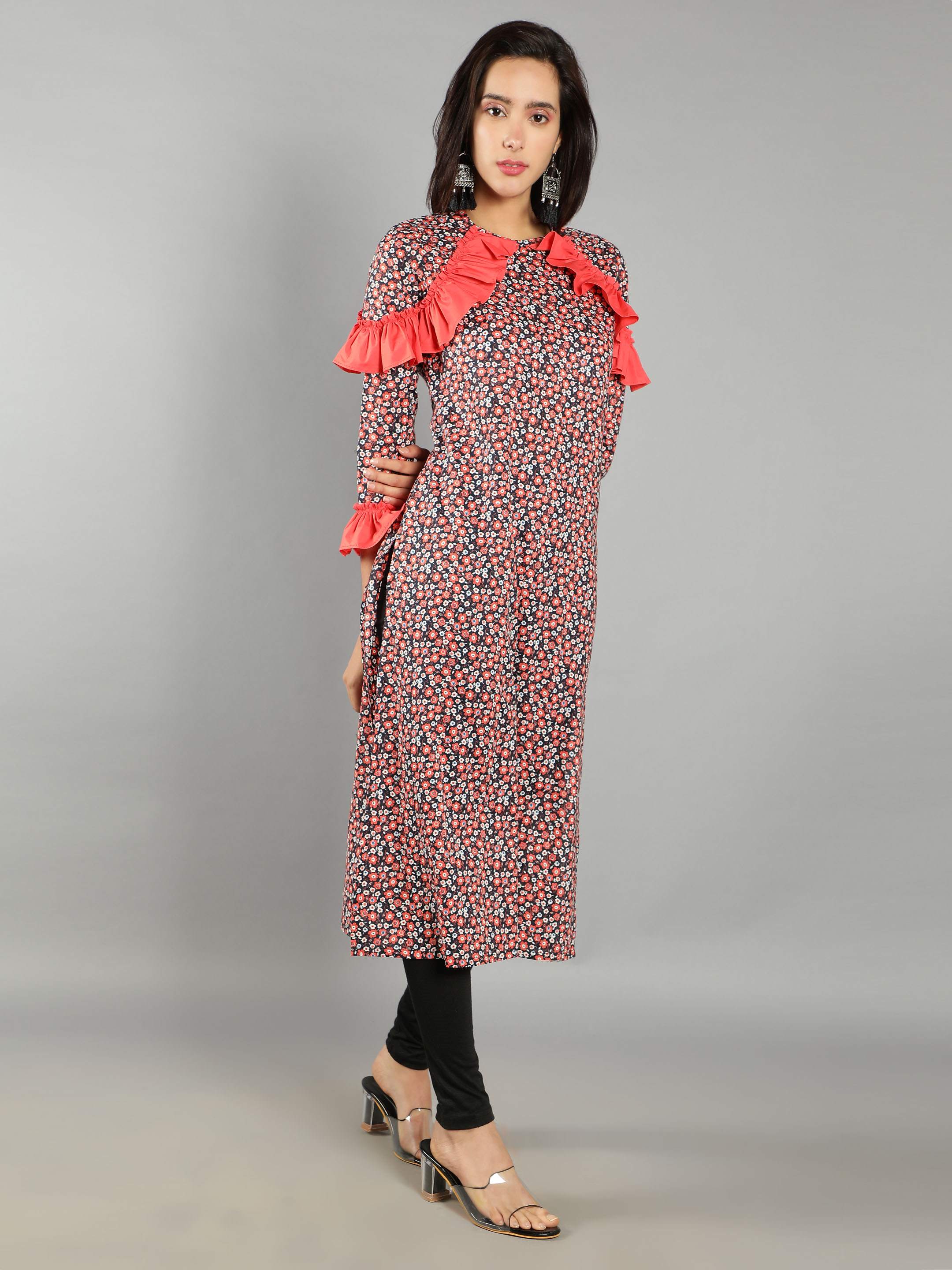 Women Red and Black Floral Print Kurti