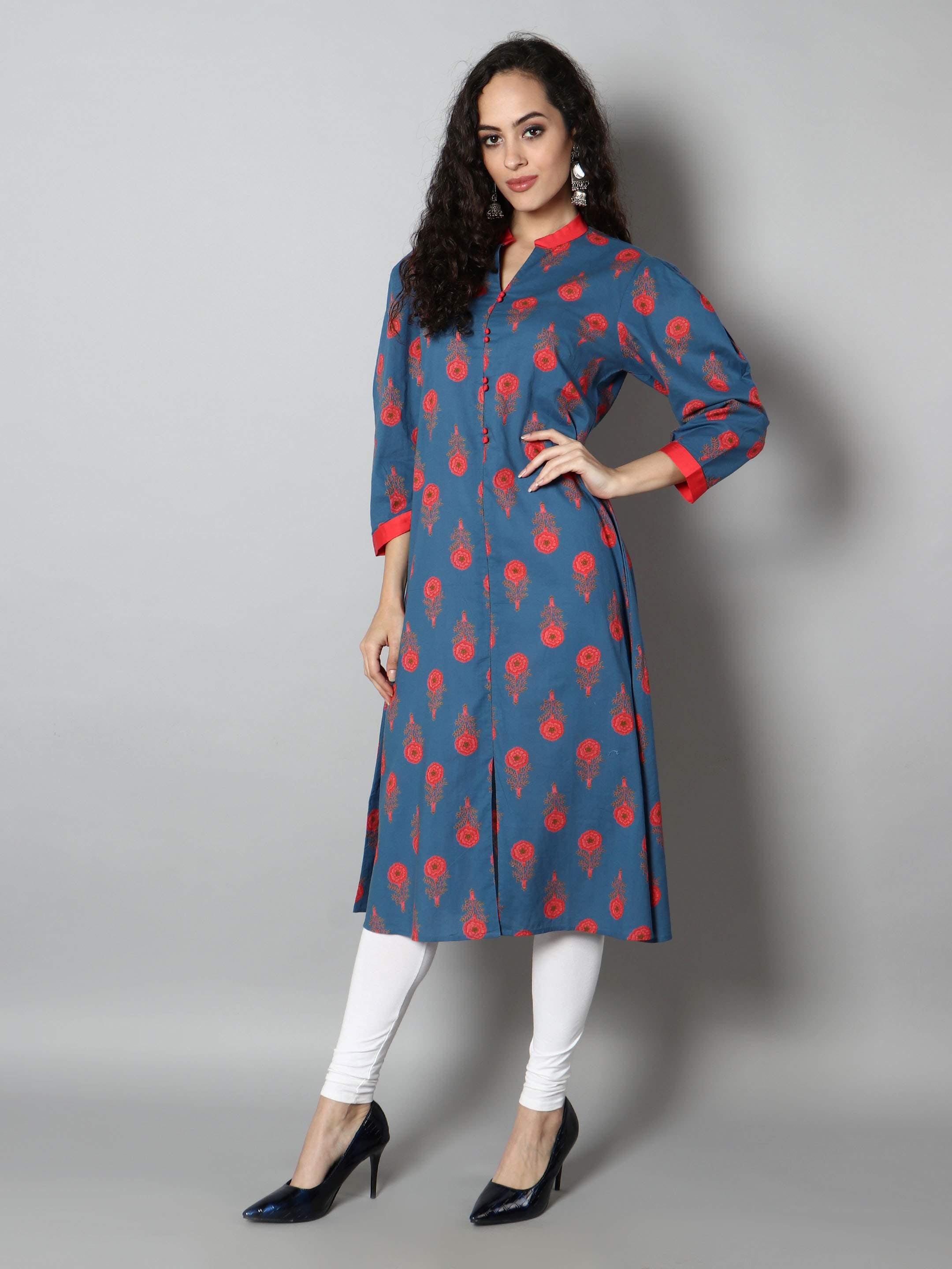 Women Navy Blue and Red A-Line Dress