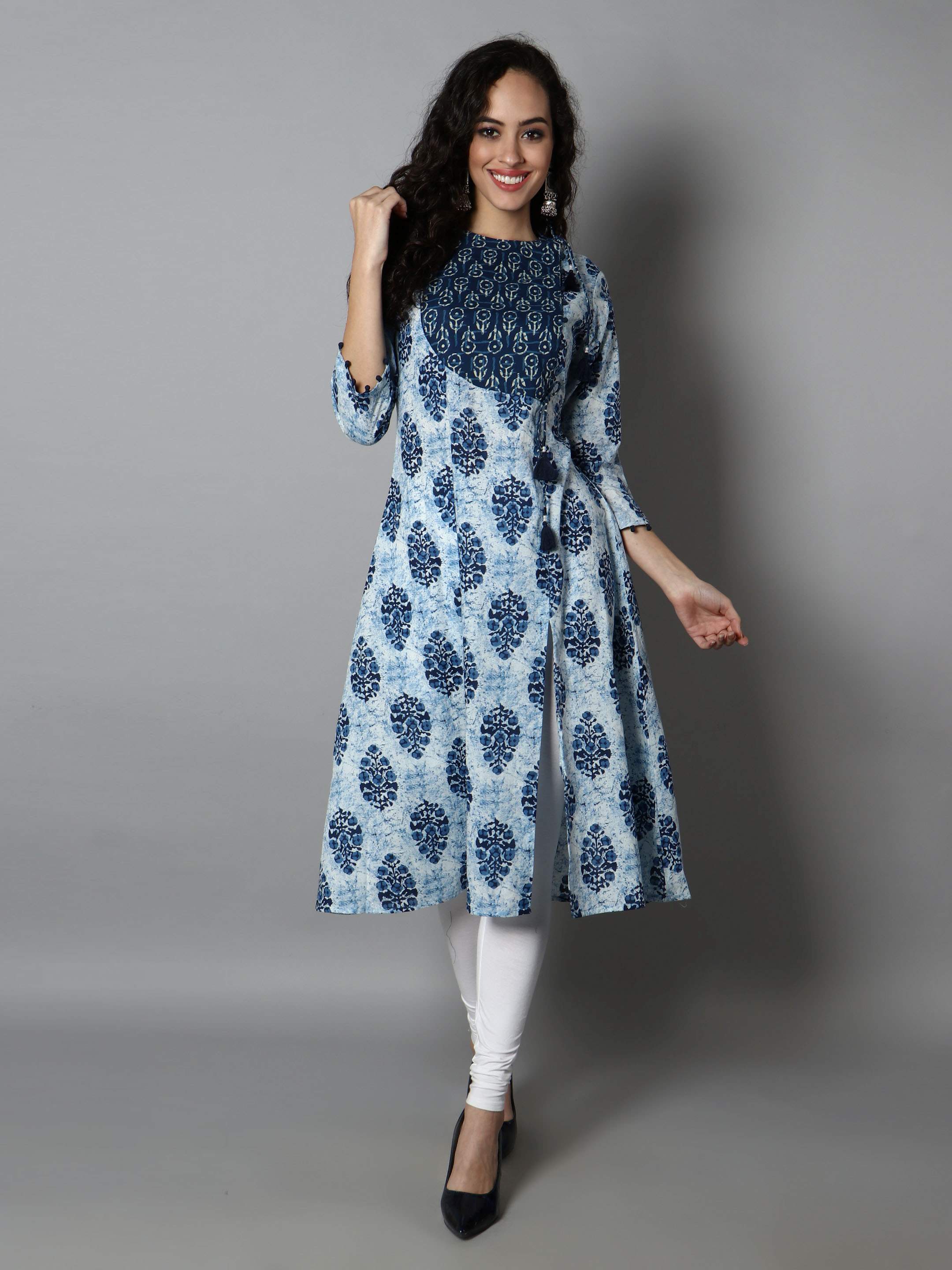 Women Blue, White A-Line Dress