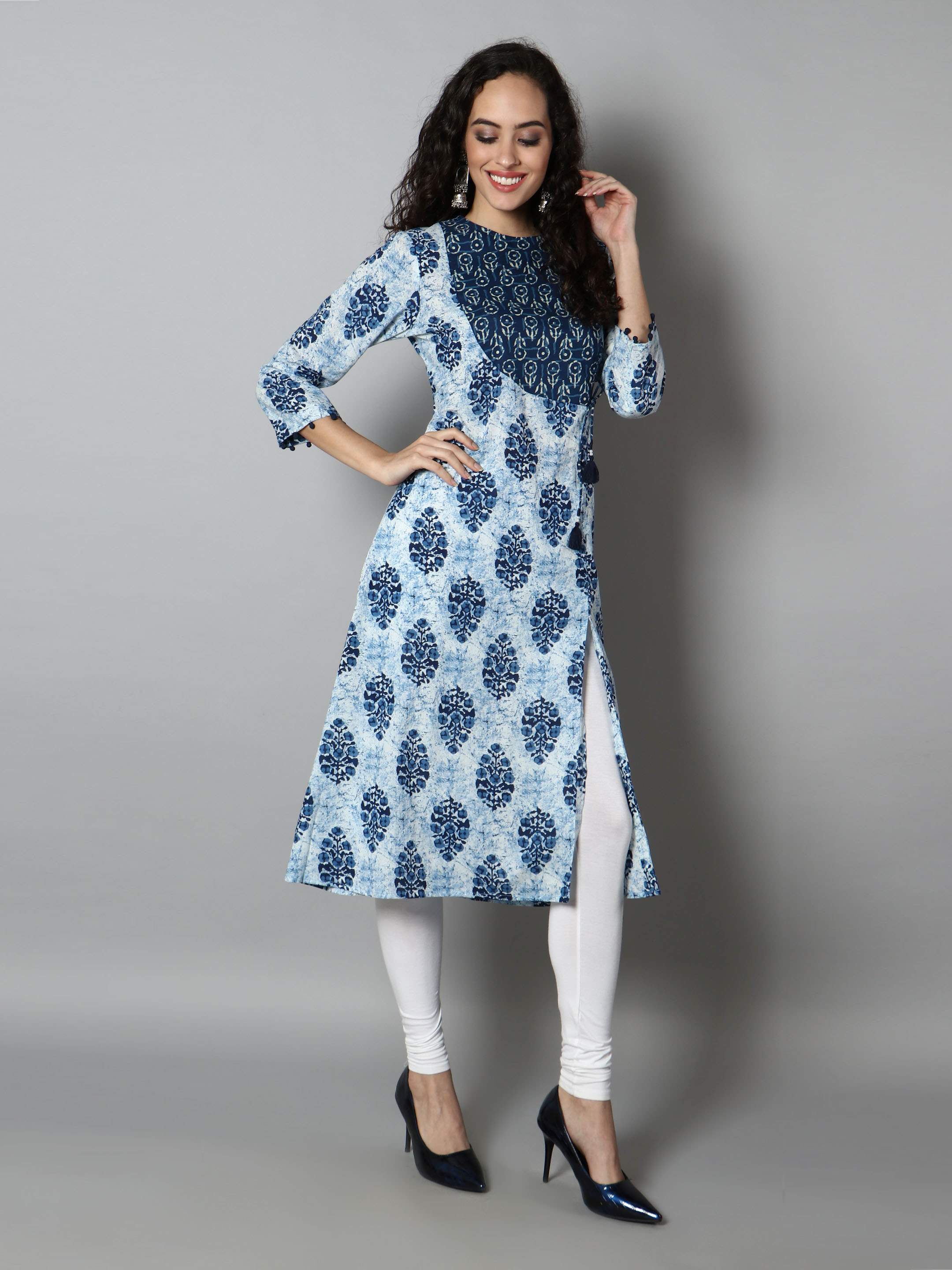 Women Blue, White A-Line Dress