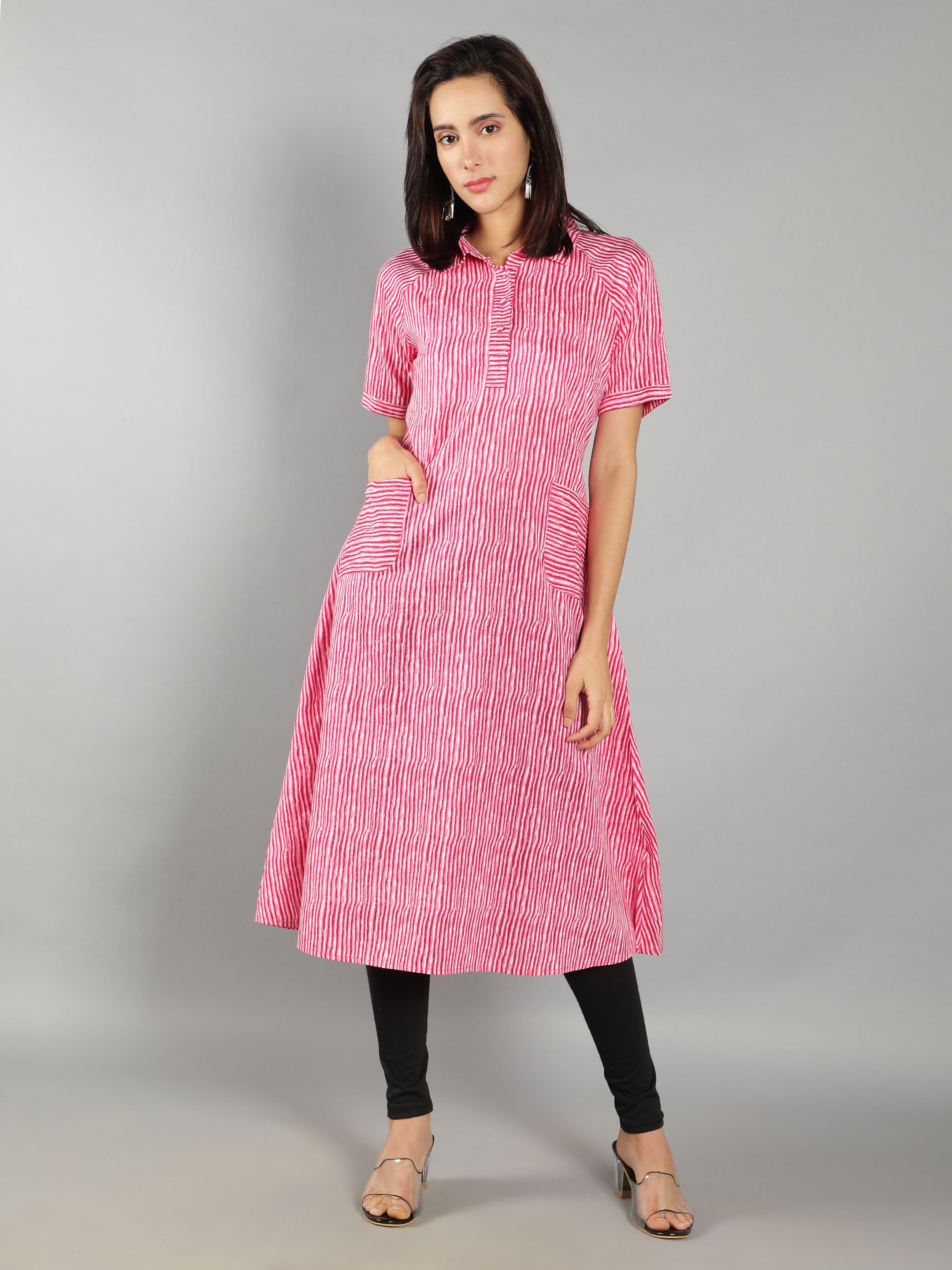 Women Pink Striped Shirt Dress