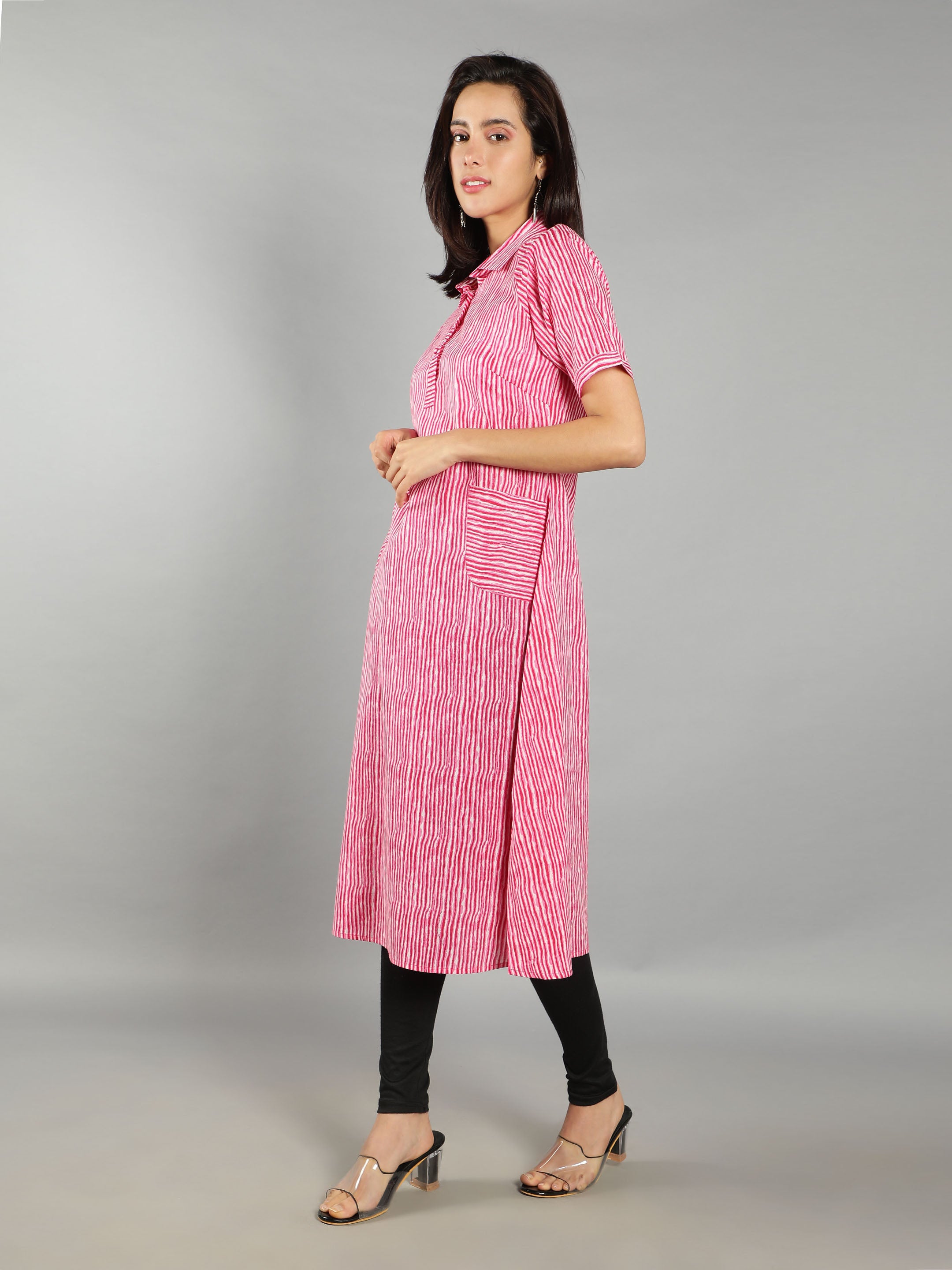 Women Pink Striped Shirt Dress