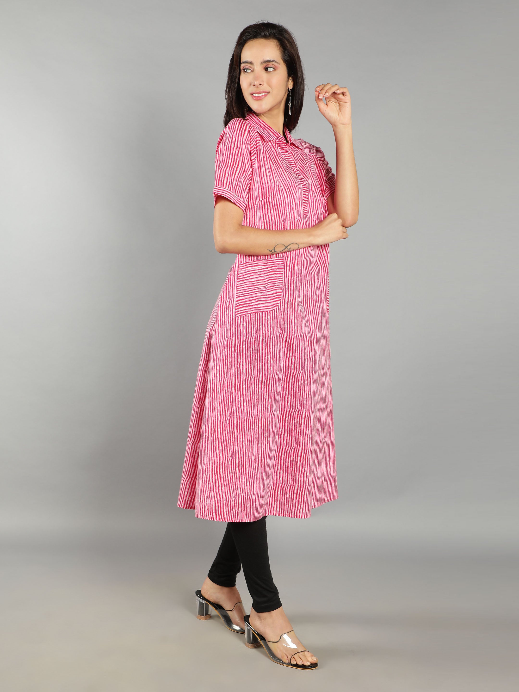 Women Pink Striped Shirt Dress