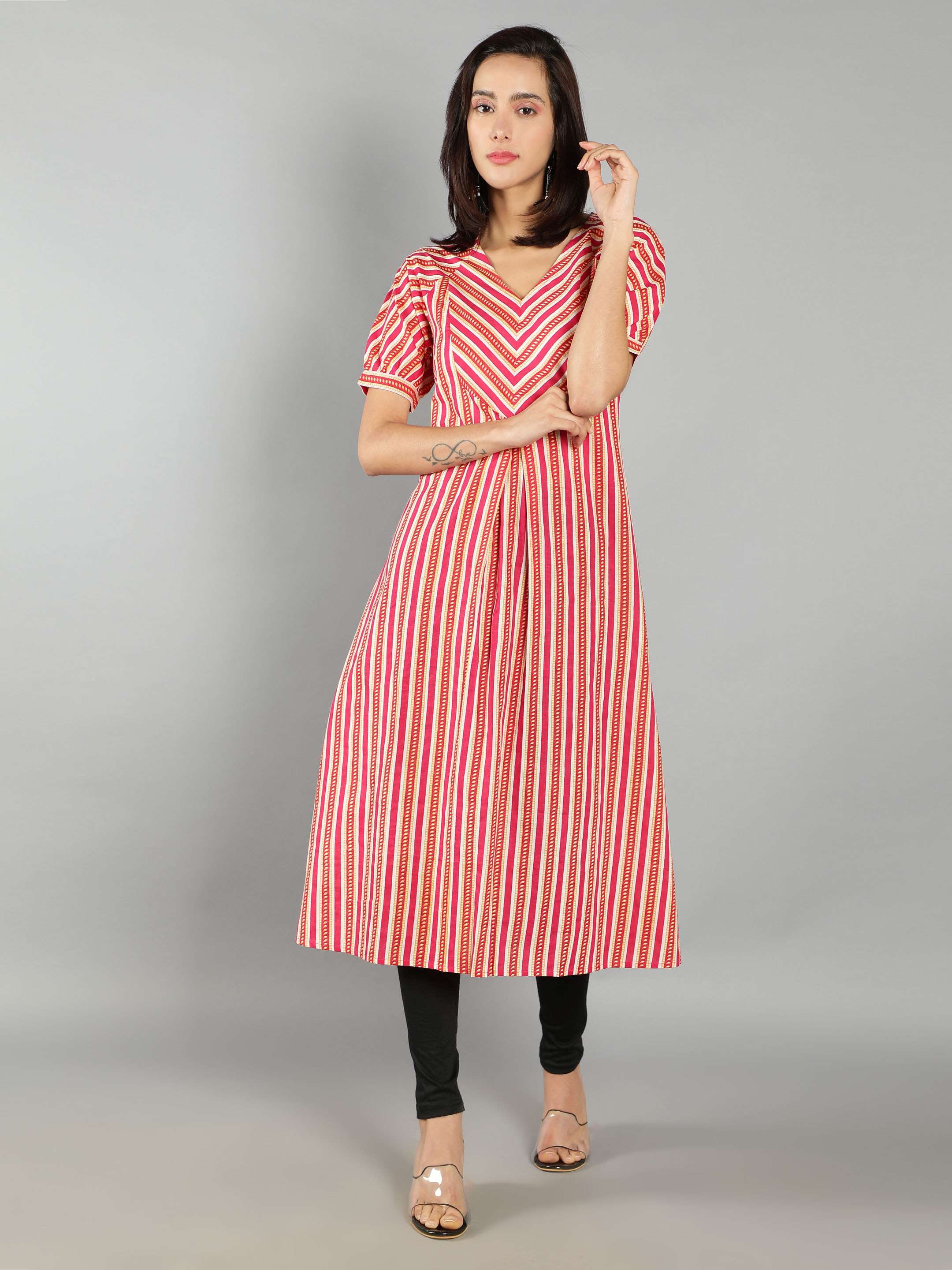 Women Pink and Yellow Stripes A-Line Dress