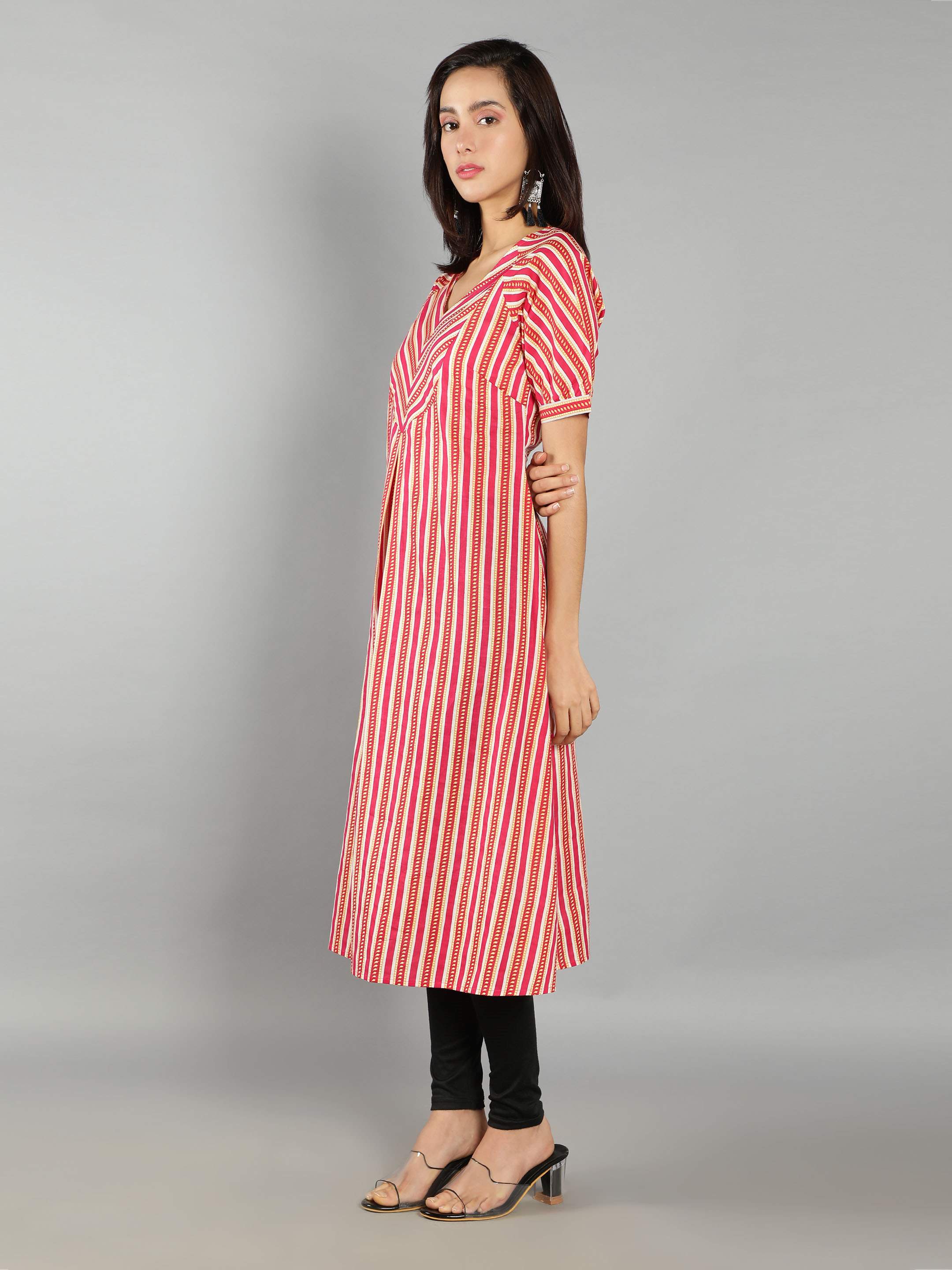 Women Pink and Yellow Stripes A-Line Dress