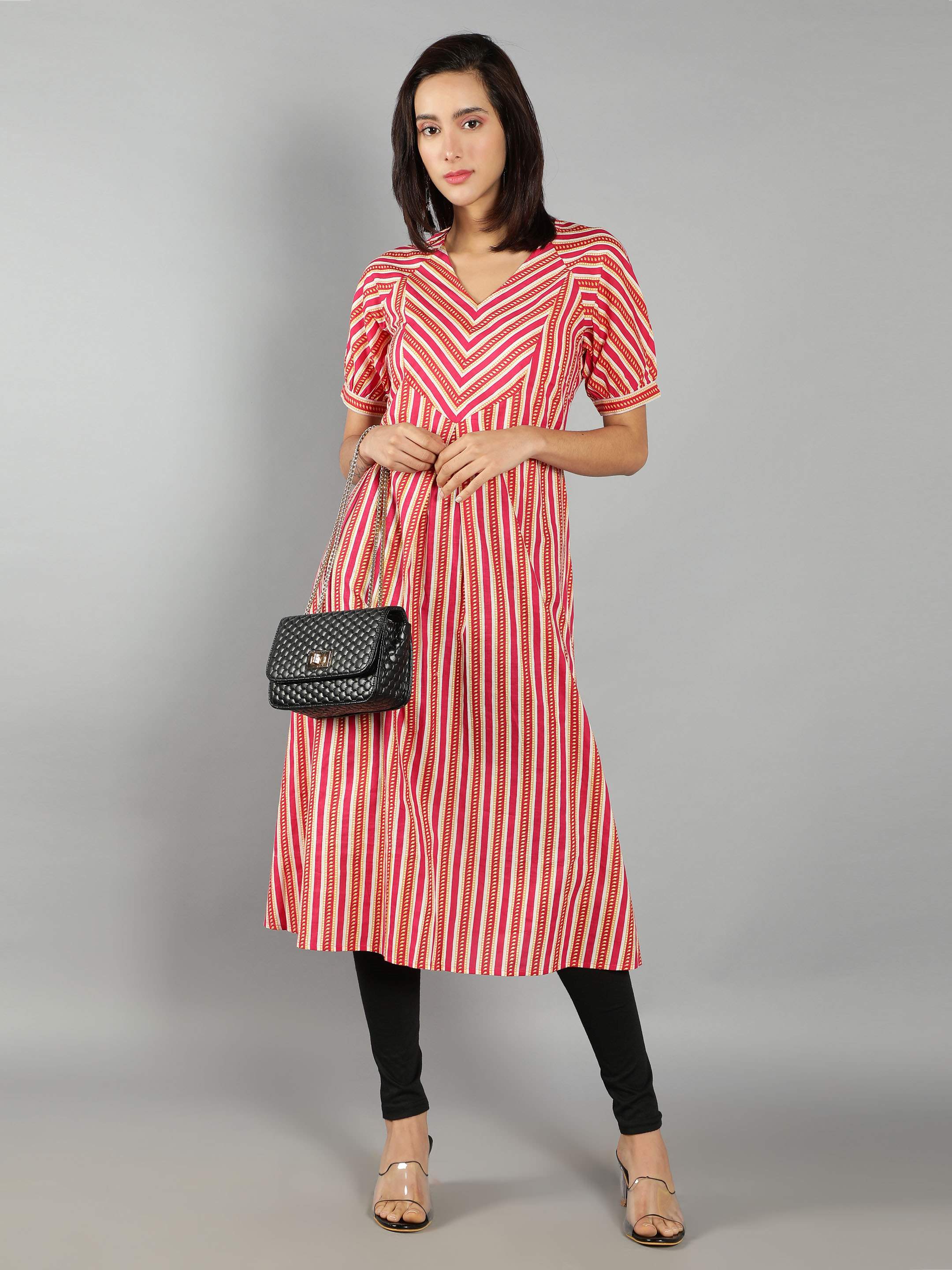 Women Pink and Yellow Stripes A-Line Dress