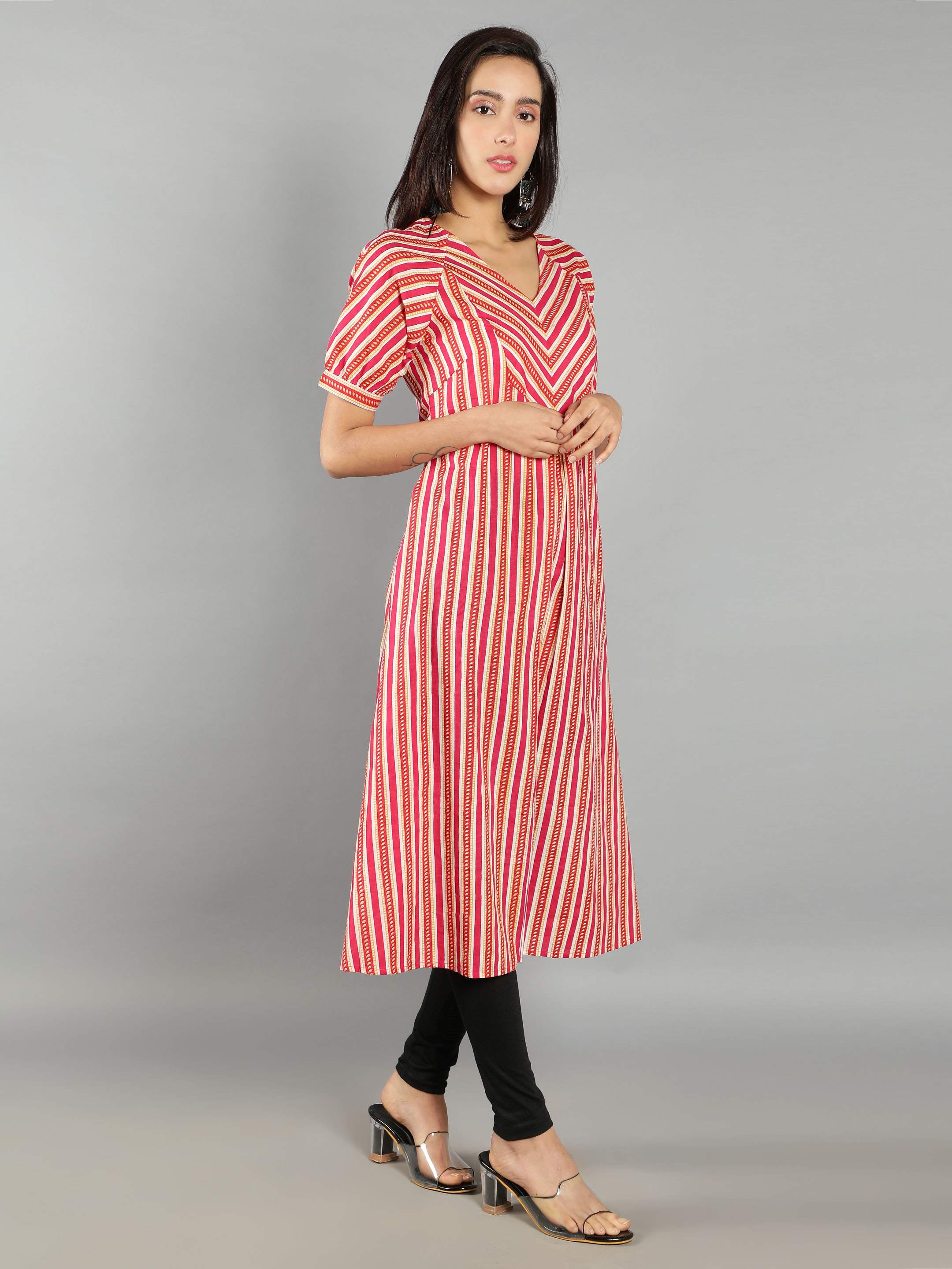 Women Pink and Yellow Stripes A-Line Dress