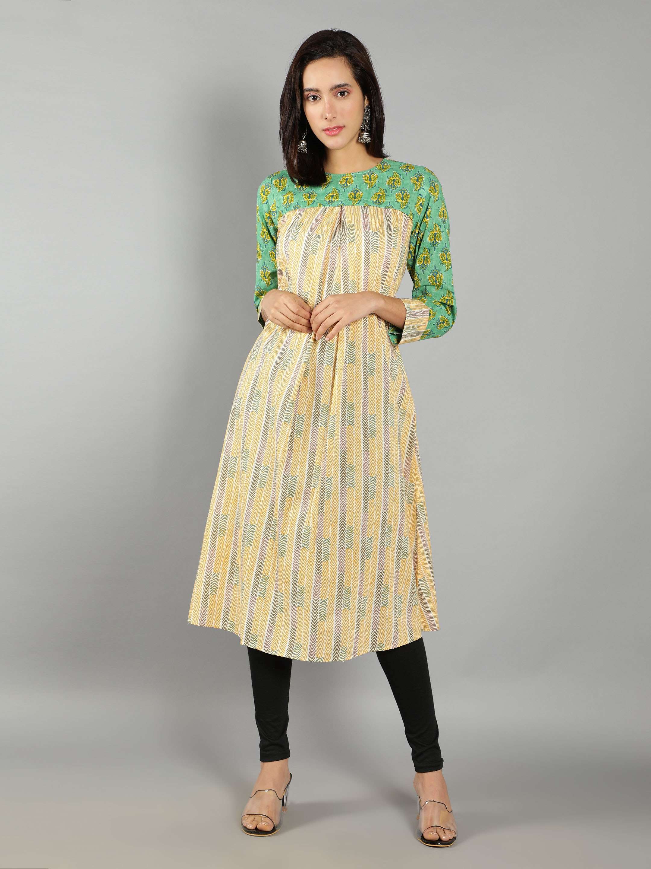 Women Mint Green and Pastel Yellow A-Line Dress