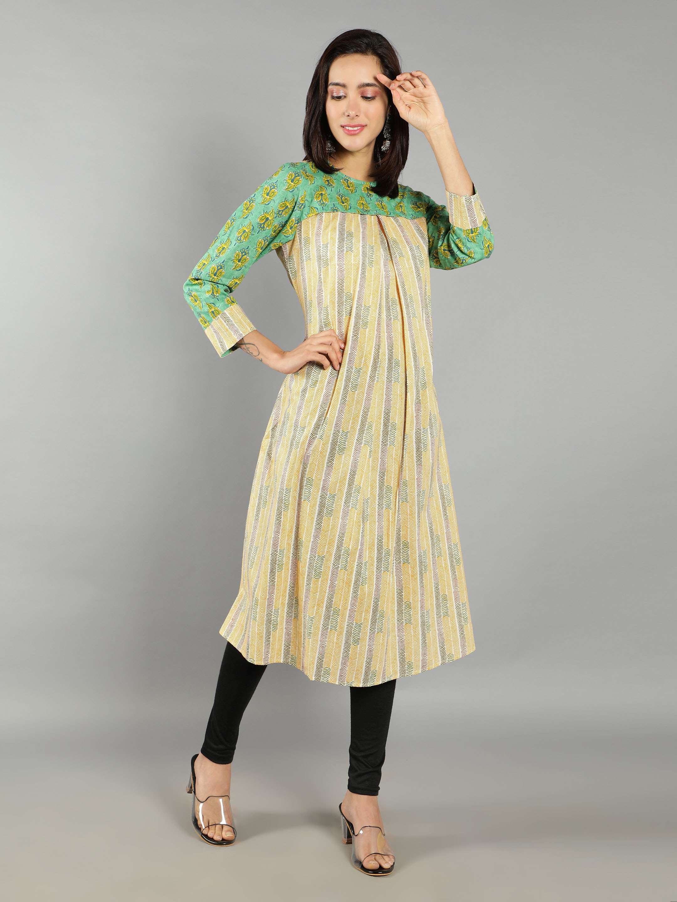 Women Mint Green and Pastel Yellow A-Line Dress