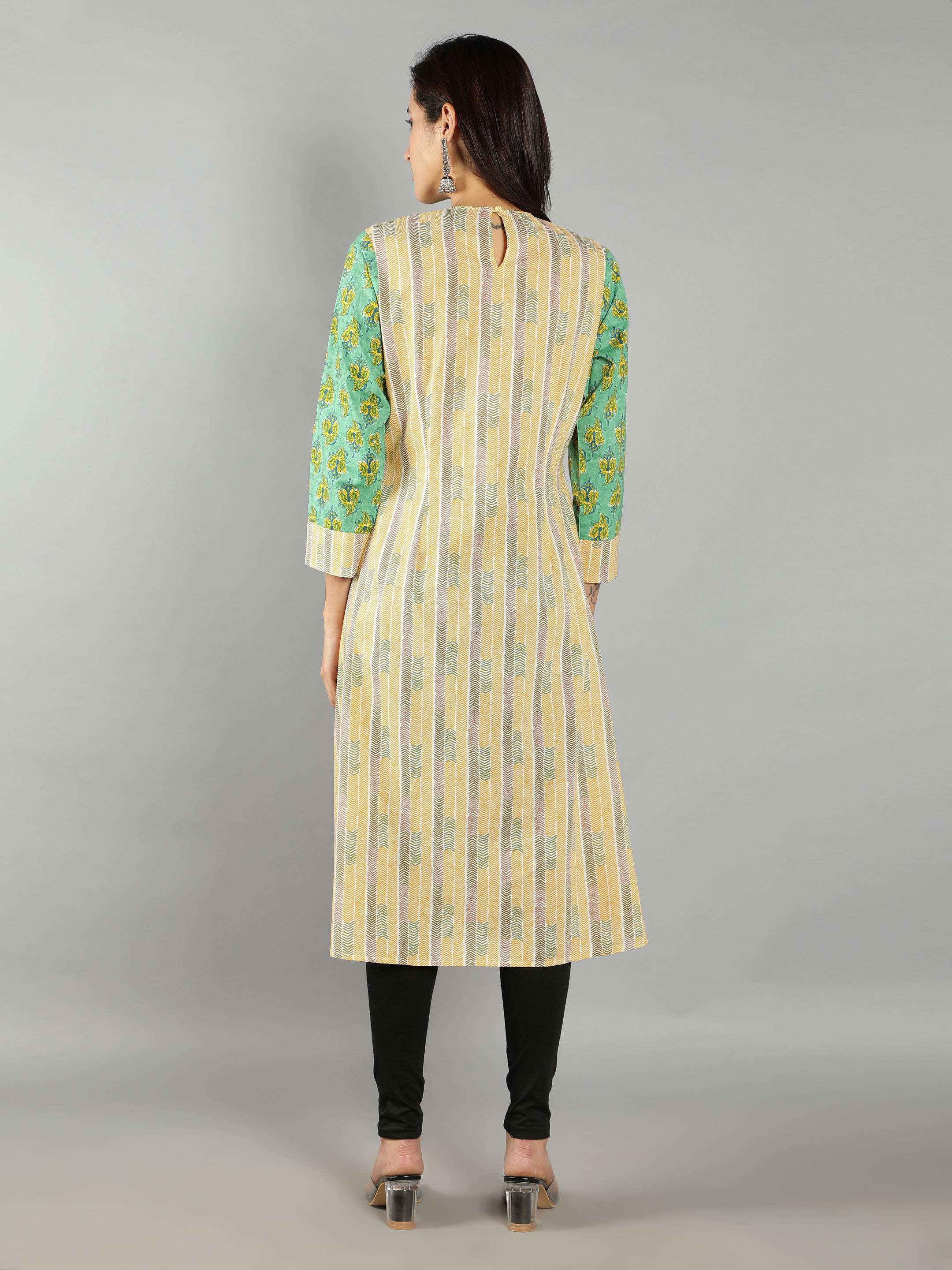 Women Mint Green and Pastel Yellow A-Line Dress