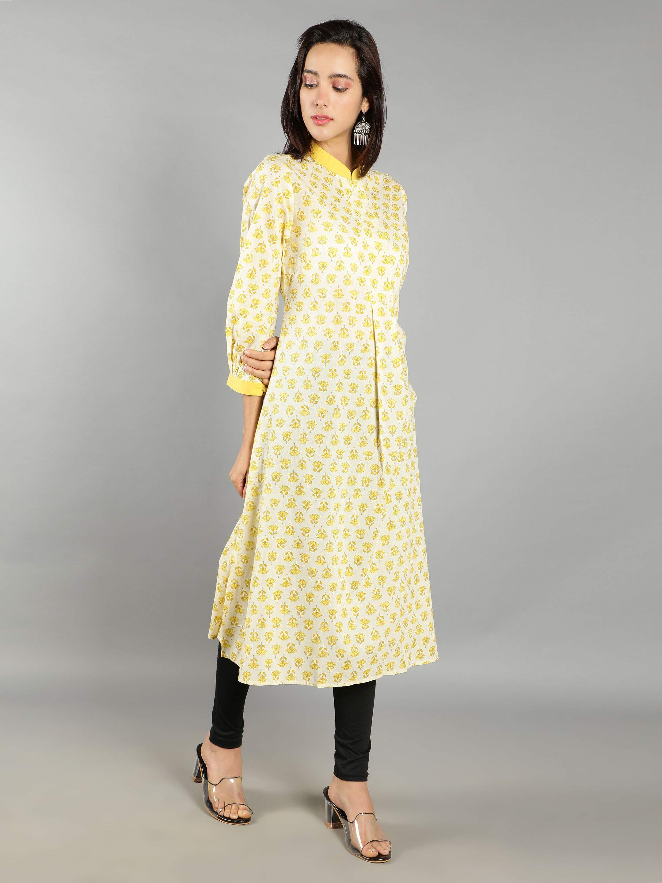 Women White, Yellow A-Line Dress