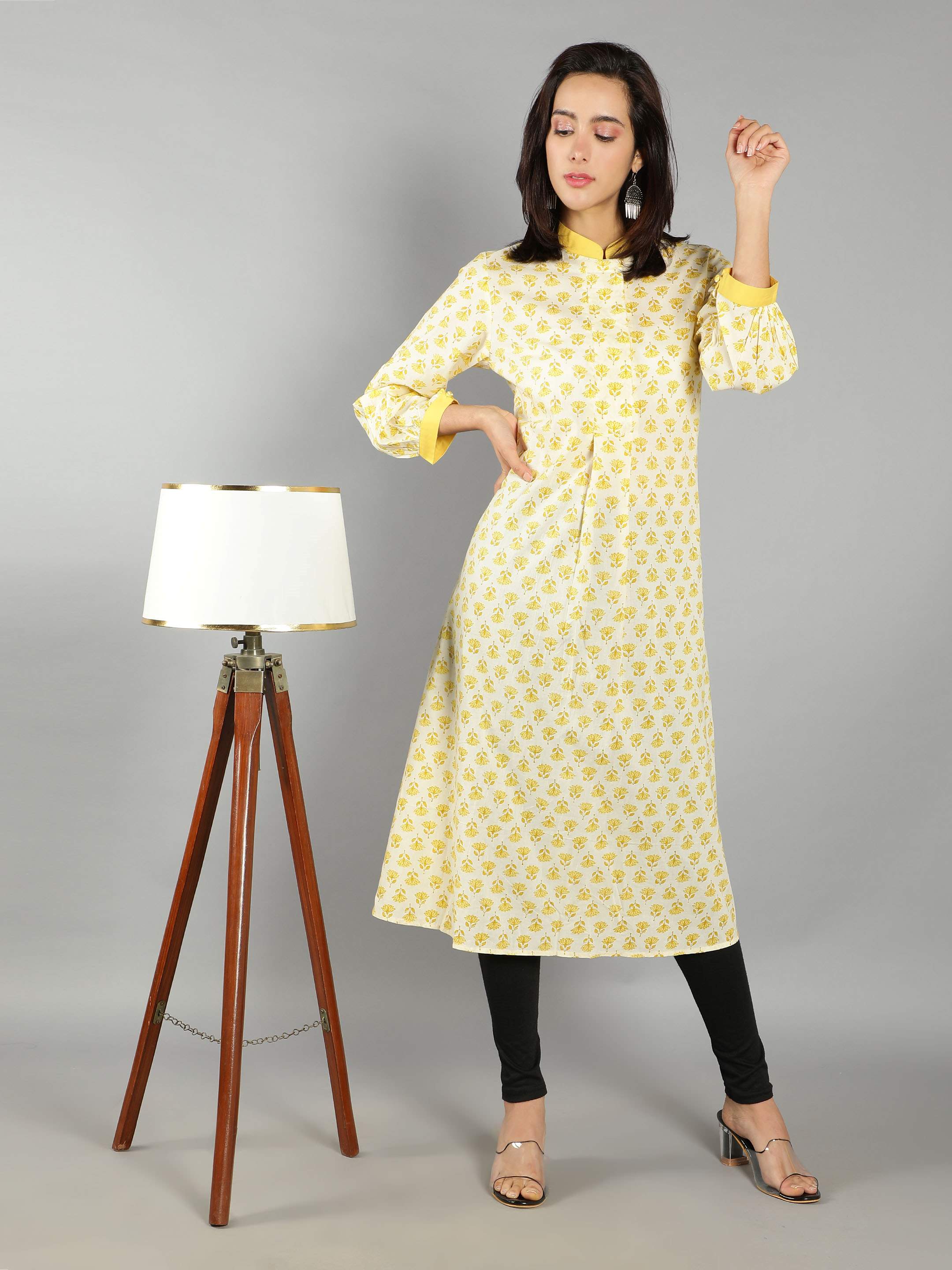 Women White, Yellow A-Line Dress