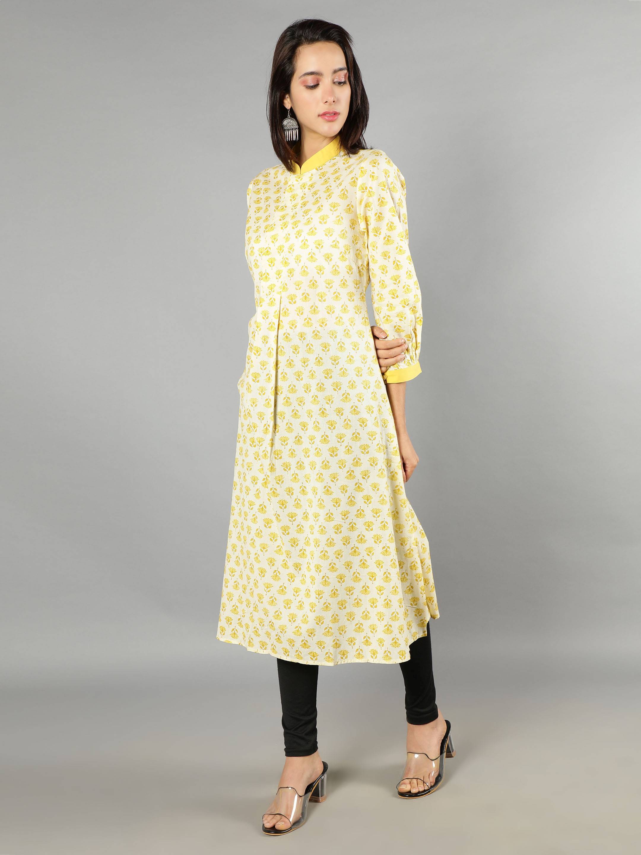 Women White, Yellow A-Line Dress