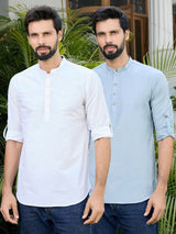 Men Pack Of 2 White & Blue Deluxe Cotton Solid Short Kurta