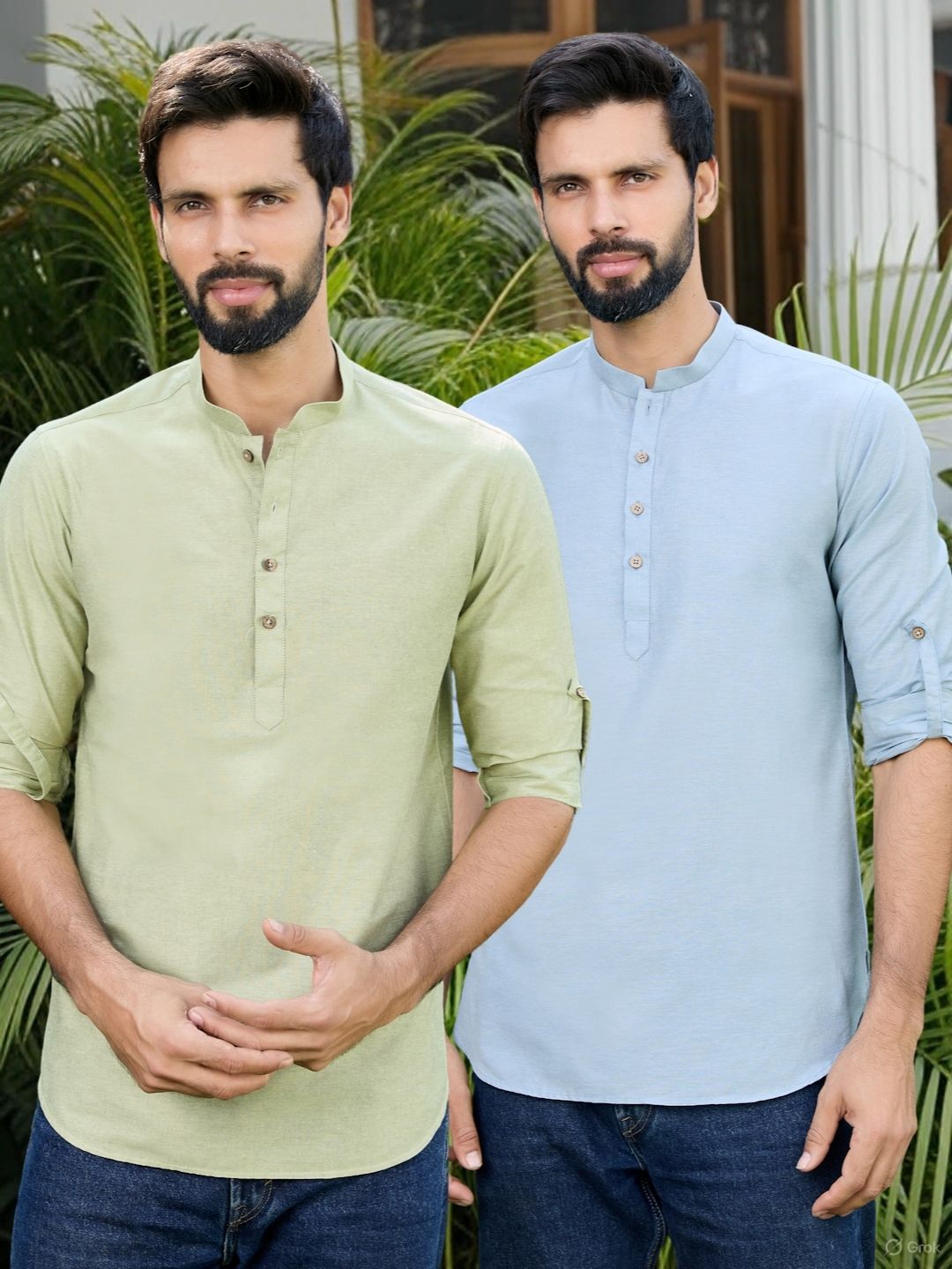 Men Pack Of 2 Green & Blue Deluxe Cotton Solid Short Kurta