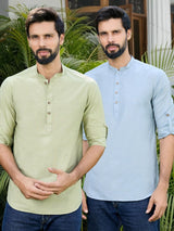 Men Pack Of 2 Green & Blue Deluxe Cotton Solid Short Kurta