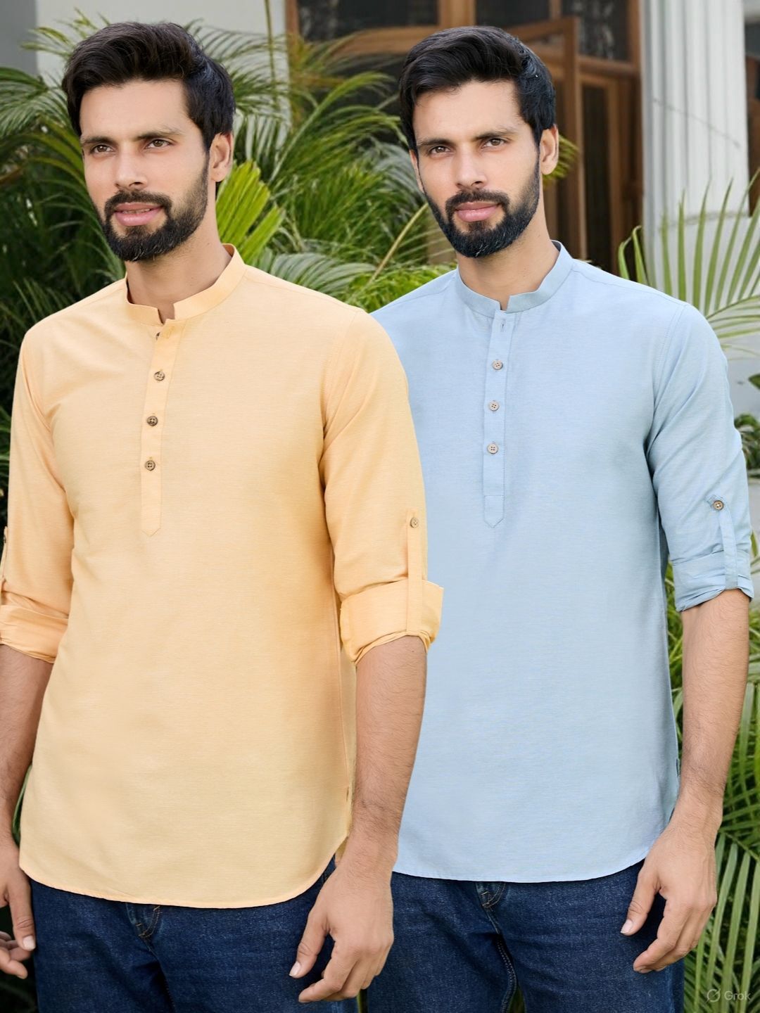 Men Pack Of 2 Peach & Blue Deluxe Cotton Solid Short Kurta