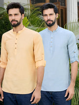 Men Pack Of 2 Peach & Blue Deluxe Cotton Solid Short Kurta