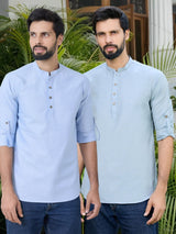 Men Pack Of 2 Sky Blue & Blue Cotton Solid Short Kurta