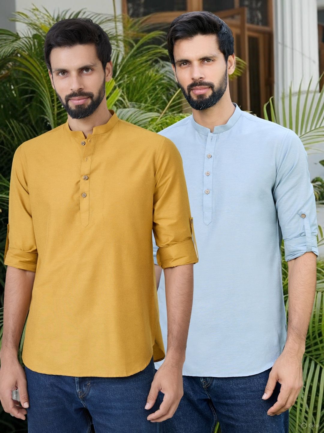 Men Pack Of 2 Mustard & Blue Deluxe Cotton Solid Short Kurta