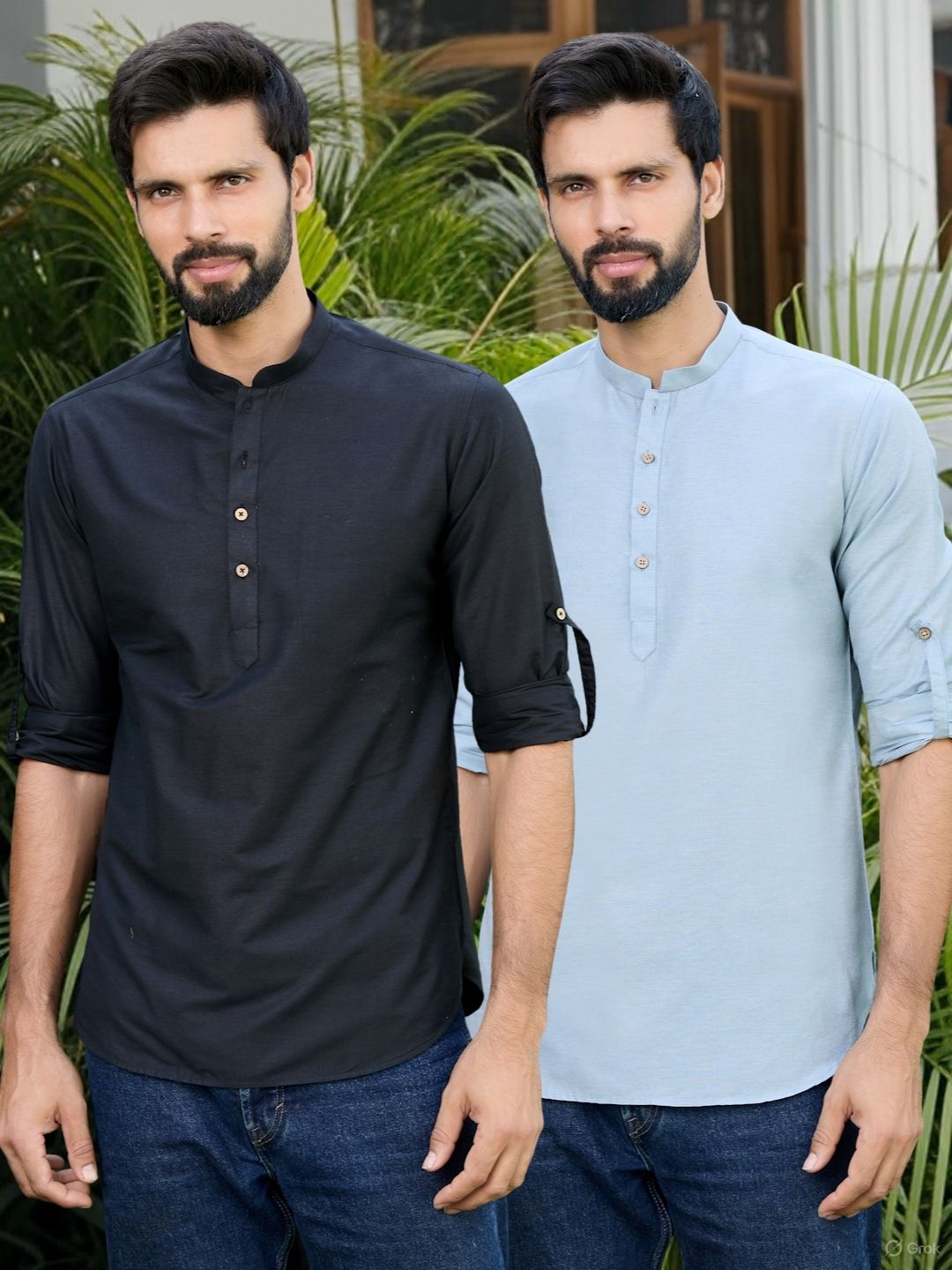 Men Pack Of 2 Black & Blue Deluxe Cotton Solid Short Kurta