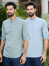 Men Pack Of 2 Green & Blue Cotton Solid Short Kurta