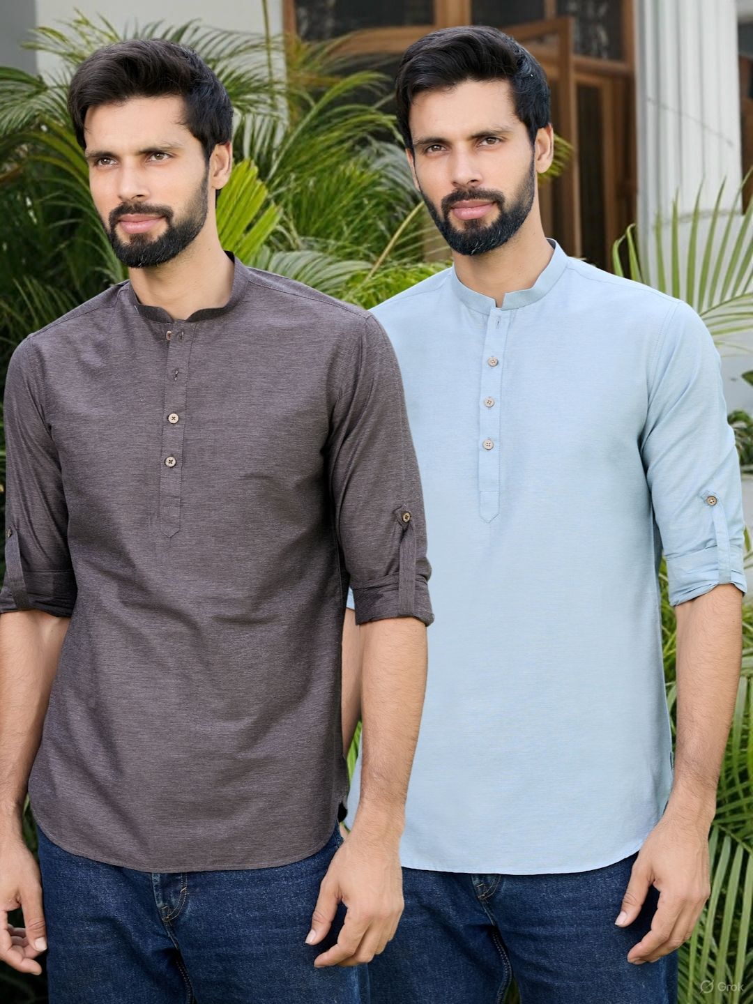 Men Pack Of 2 Brown & Blue Deluxe Cotton Solid Short Kurta