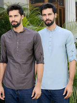 Men Pack Of 2 Brown & Blue Deluxe Cotton Solid Short Kurta