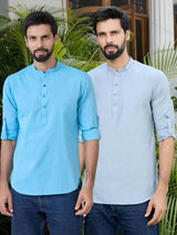 Men Pack Of 2 Turquoise Blue & Blue Cotton Solid Short Kurta