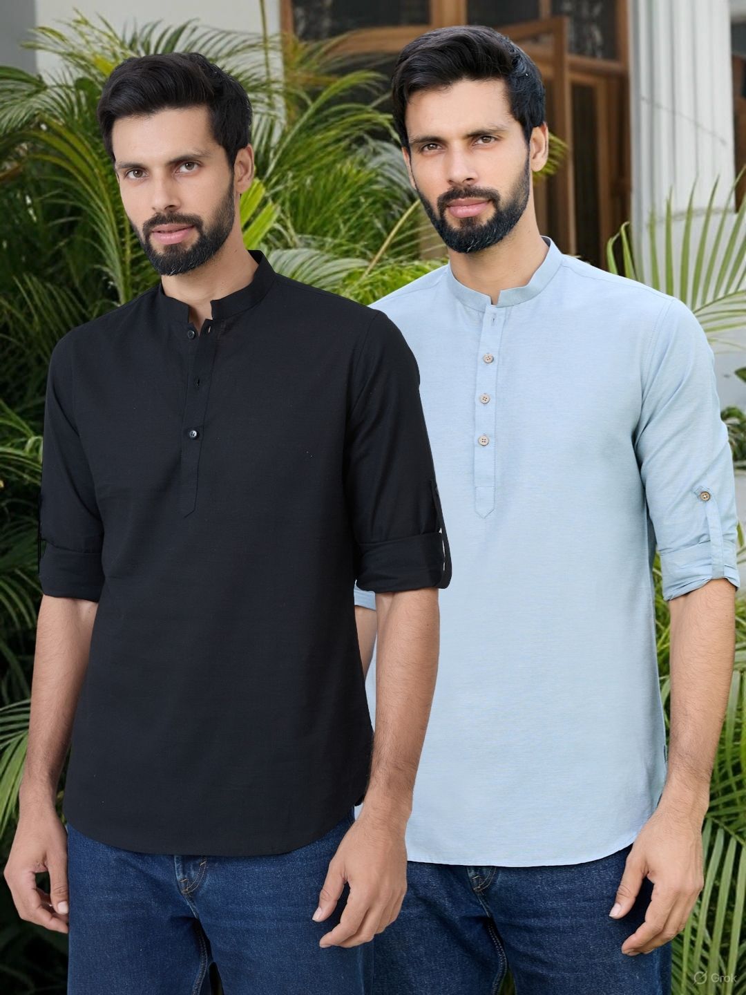 Men Pack Of 2 Black & Blue Cotton Solid Short Kurta