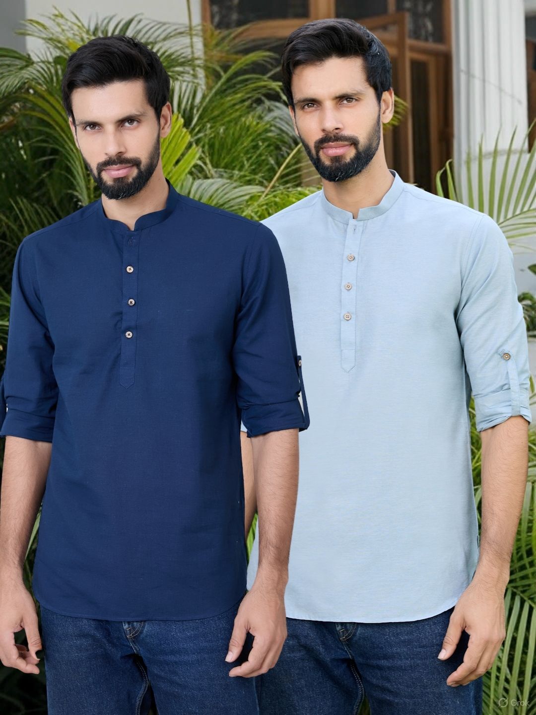 Men Pack Of 2 Navy Blue & Blue Cotton Solid Short Kurta