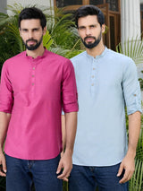 Men Pack Of 2 Pink & Blue Cotton Solid Short Kurta