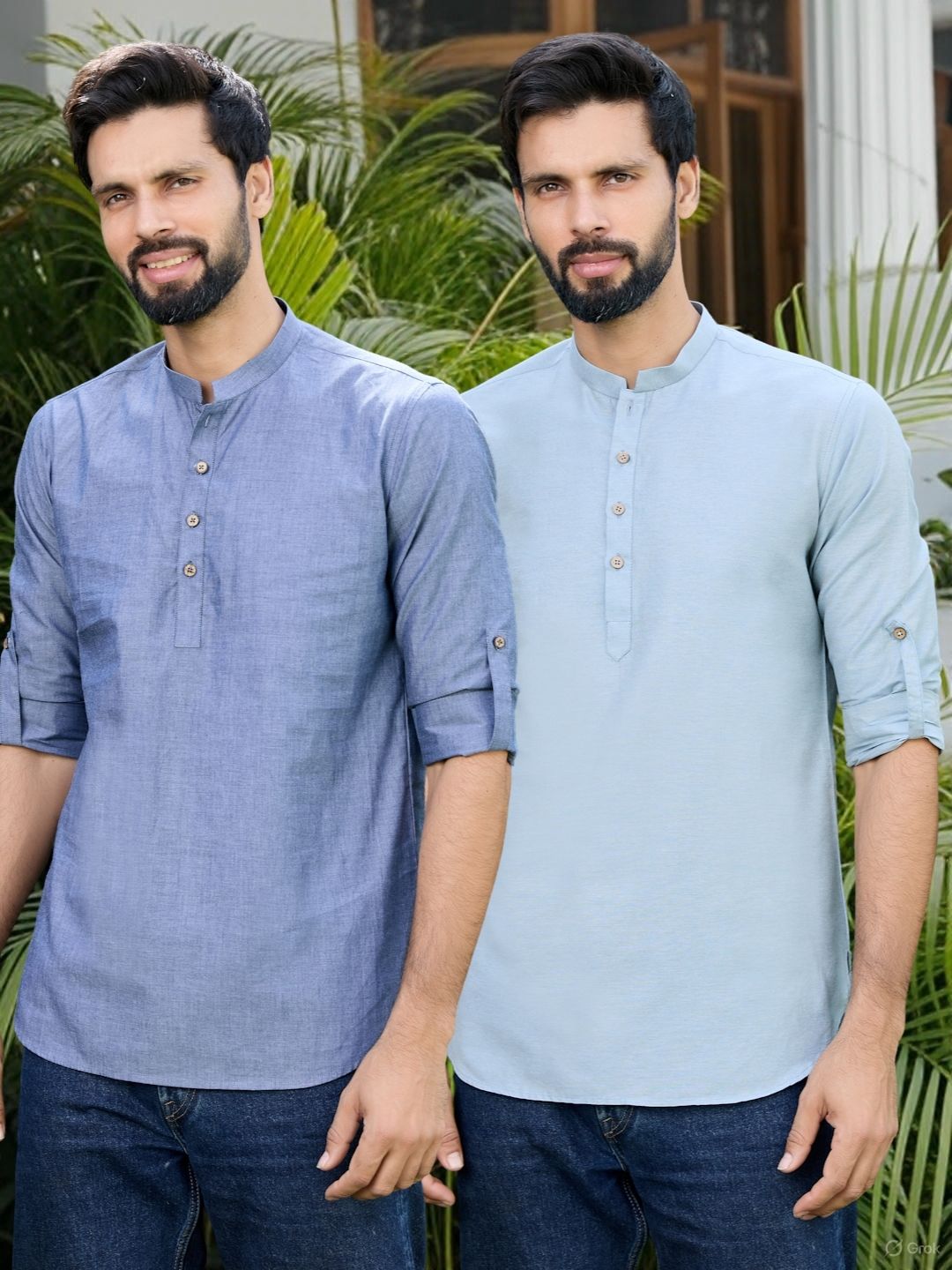 Men Pack Of 2 Dark Blue & Blue Cotton Solid Short Kurta