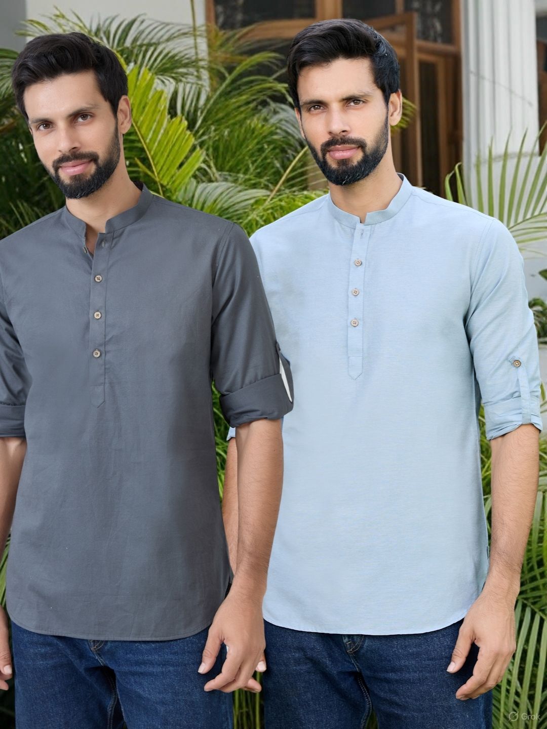 Men Pack Of 2 Grey & Blue Cotton Solid Short Kurta