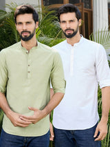 Men Pack Of 2 Olive & White Deluxe Cotton Solid Short Kurta