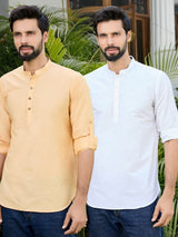 Men Pack Of 2 Peach & White Deluxe Cotton Solid Short Kurta