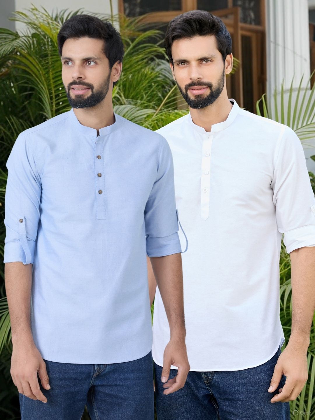Men Pack Of 2 Blue & White Cotton Solid Short Kurta