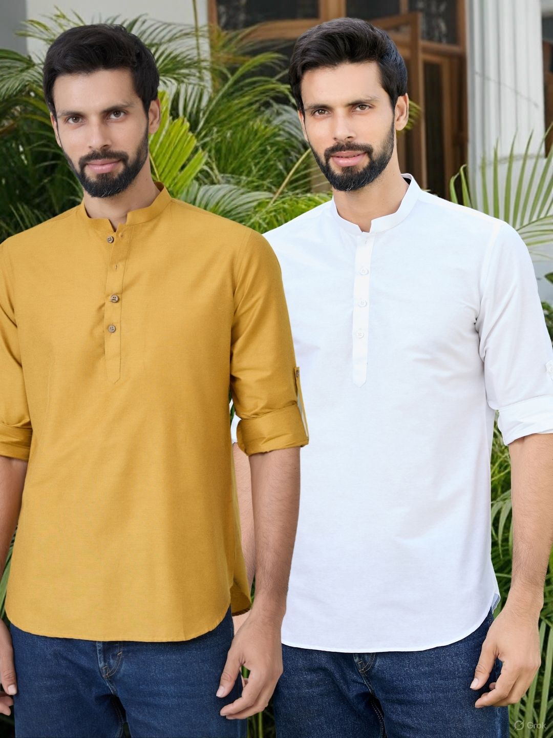 Men Pack Of 2 Mustard & White Deluxe Cotton Solid Short Kurta
