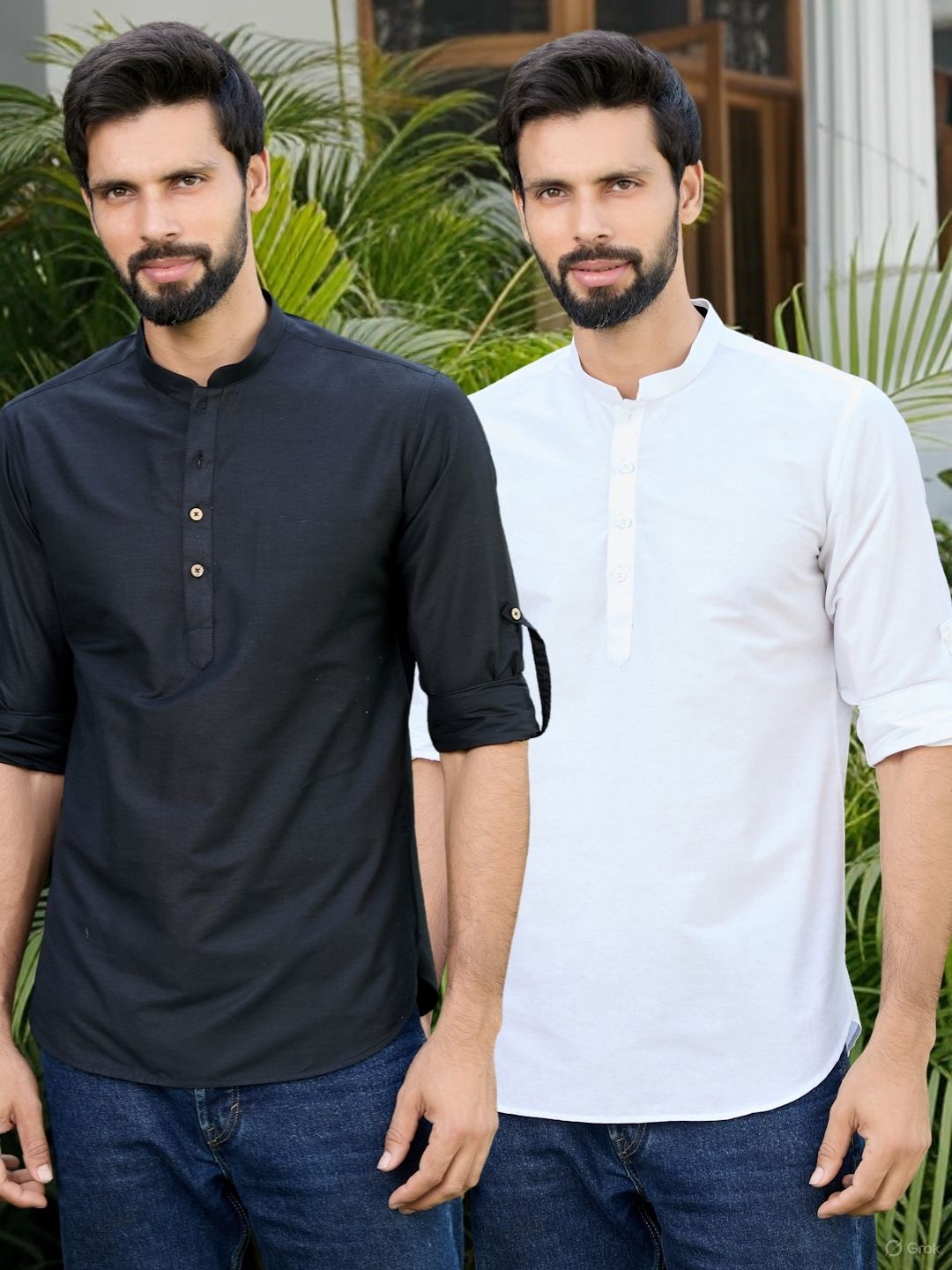 Men Pack Of 2 Black & White Deluxe Cotton Solid Short Kurta