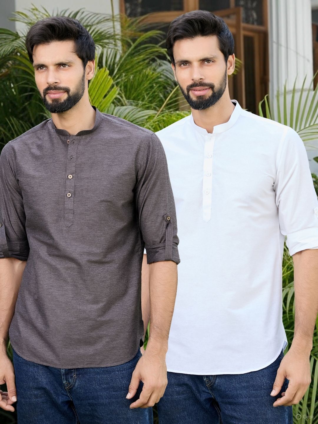 Men Pack Of 2 Turquoise Blue & White Cotton Solid Short Kurta
