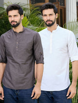 Men Pack Of 2 Turquoise Blue & White Cotton Solid Short Kurta