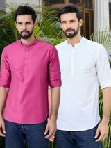 Men Pack Of 2 Pink & White Cotton Solid Short Kurta
