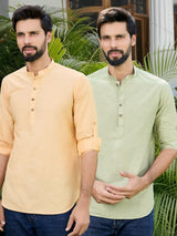 Men Pack Of 2 Peach & Olive Cotton Solid Short Kurta