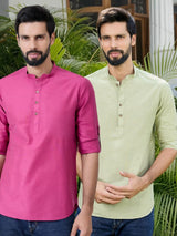 Men Pack Of 2 Pink & Olive Cotton Solid Short Kurta