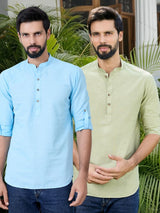 Men Pack Of 2 Turquoise Blue & Olive Cotton Solid Short Kurta