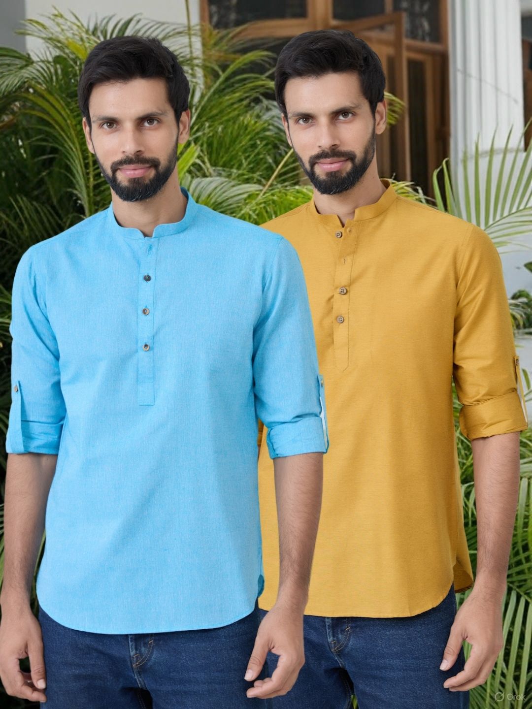 Men Pack Of 2 Turquoise Blue & Mustard Cotton Solid Short Kurta