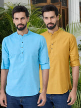 Men Pack Of 2 Turquoise Blue & Mustard Cotton Solid Short Kurta