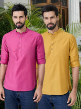Men Pack Of 2 Pink & Mustard Cotton Solid Short Kurta
