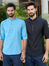 Men Pack Of 2 Turquoise Blue & Black Cotton Solid Short Kurta